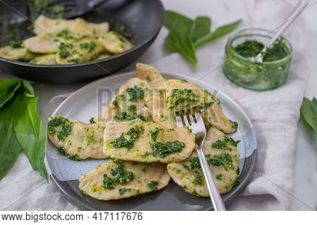 Pierogi Ruskie, Baked Dumplings Stuffed With Curd Cheese And Potatoes And Wild Garlic