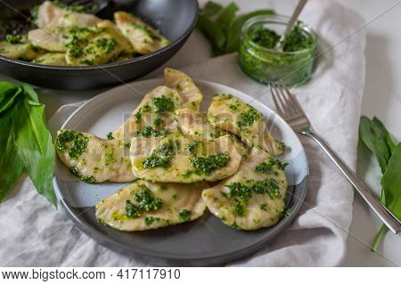 Pierogi Ruskie, Baked Dumplings Stuffed With Curd Cheese And Potatoes And Wild Garlic