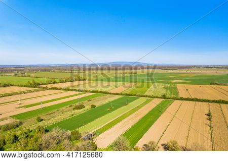 Rural Landscape In Lonjsko Polje, Posavina, Croatia, Aerial View Of Agriculture Fields In Spring