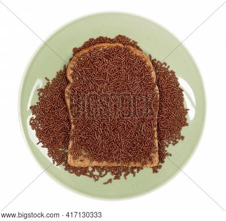 Typical Dutch Chocolate Sprinkles (hagelslag) On A Slice Of Bread, Isolated