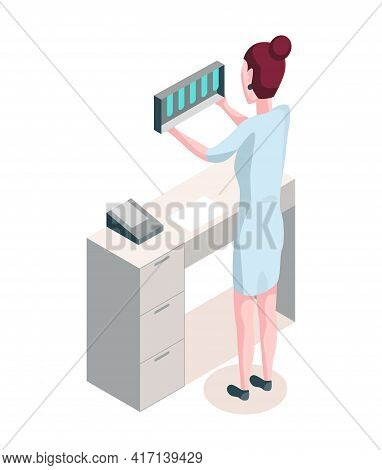 Medicine Researcher Isometric. Doctor Considers The Results Of Research. Isometric Vector Illustrati