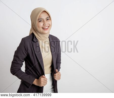 Young Business Woman Cheerful Ready To Work, Hand Holding Suits Office Work Concept