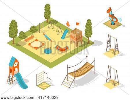 Isometric Playground Concept For Outdoor Family Pastime. Playful Kindergarten. Colored 3d Isometric 