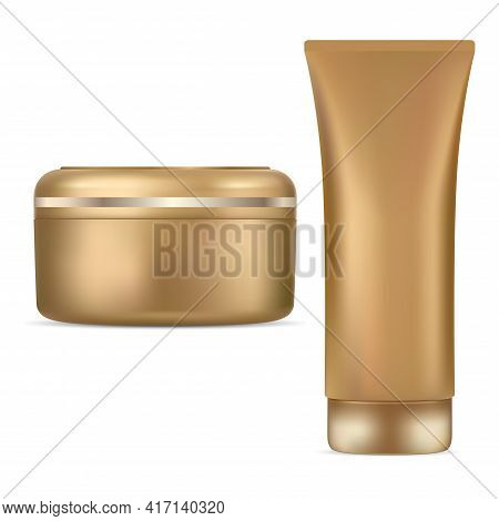 Cosmetic Jar Cream Tube Gold Package Mockup Design. Luxury Plastic Container Blank, Flaxible Squeeze