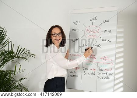 English Teacher Giving Lesson On Modal Verbs Near Whiteboard In Classroom