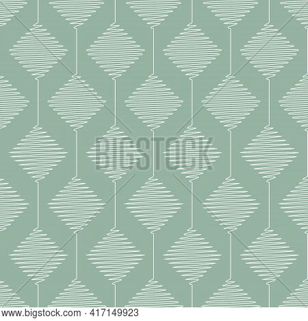 Vector Geometric Pattern With Connected Scribbled Rhombuses. Seamless Stripes Of White Rhombi On Gre