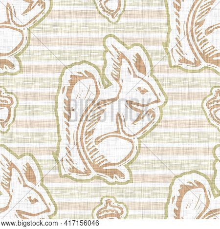 Seamless Linen Squirrel Blockprint Pattern Background. Calm Pale Tonal Pastel Color Wallpaper. Simpl