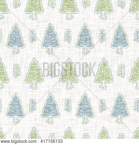 Seamless Linen Tree Blockprint Pattern Background. Calm Pale Tonal Pastel Color Wallpaper. Simple Mo