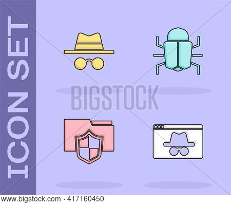 Set Browser Incognito Window, Incognito Mode, Document Folder Protection And System Bug Icon. Vector