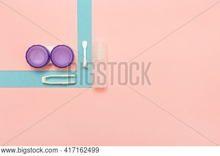 Contact Lens Care Accessories. Solution, Container, Tweezers, And Suction Cup For Contact Lenses. Hy
