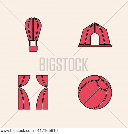Set Beach Ball, Hot Air Balloon, Circus Tent And Curtain Raises Icon. Vector