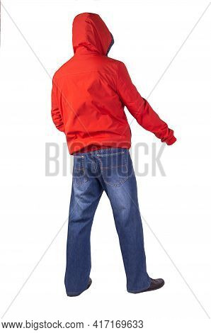 Dark Blue Jeans, Black Leather Shoes,red Jacket With A Hood Isolated On White Background. Casual Sty