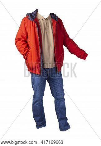 Red  Jacket,beige Shirt And Blue Jeans Isolated On White Background. Casual Fashion Clothes