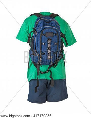 Deinim Blue Backpack,dark Blue Sports Shorts,retro Heather Green T-shirt Isolated On White Foane. Cl