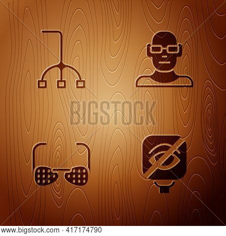 Set Blindness, Walking Stick Cane, Glasses And Poor Eyesight On Wooden Background. Vector