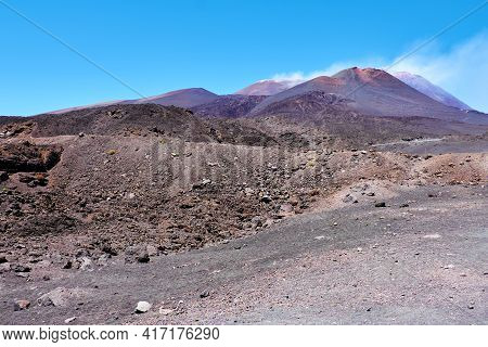 Mount Etna In Sicily Near Catania, Tallest Active Volcano In Italy And Whole Europe. Traces Of Volca