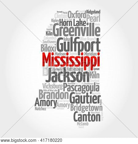 List Of Cities In Mississippi Usa State, Map Silhouette Word Cloud Map Concept Background