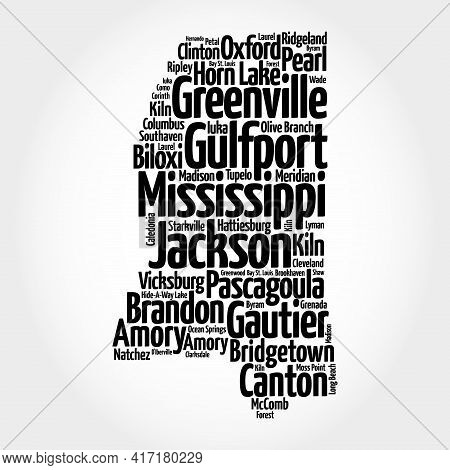 List Of Cities In Mississippi Usa State, Map Silhouette Word Cloud Map Concept Background