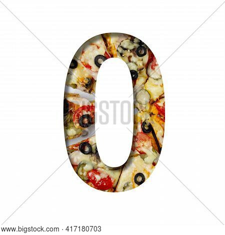 Fonts On Pizza Texture. Digit Zero, 0, Cut Out Of Paper On A Background Of Realistic Pizza. Volumetr