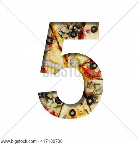 Fonts On Pizza Texture. Digit Five, 5, Cut Out Of Paper On A Background Of Real Pizza. Volumetric Wh