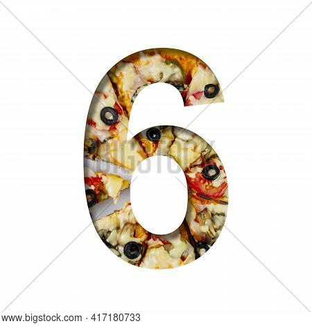 Fonts On Pizza Texture. Digit Six, 6, Cut Out Of Paper On A Background Of Real Pizza. Volumetric Whi