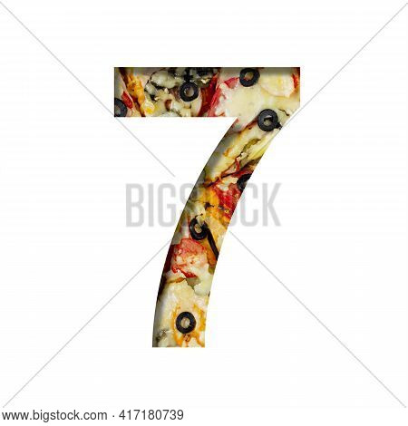 Fonts On Pizza Texture. Digit Seven, 7, Cut Out Of Paper On A Background Of Real Pizza. Volumetric W