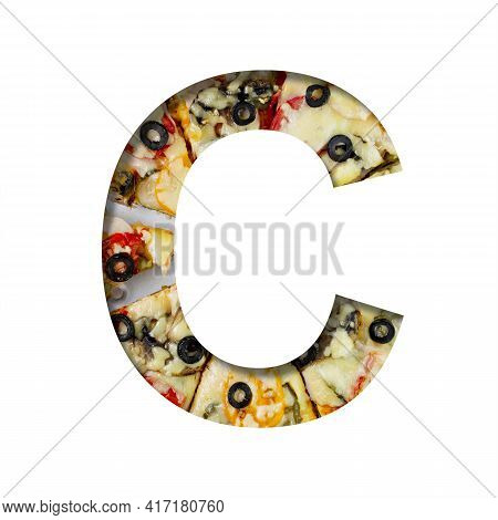 Font On Pizza Texture. Letter C, Cut Out Of Paper On A Background Of Real Mediterranean Pizza. Volum
