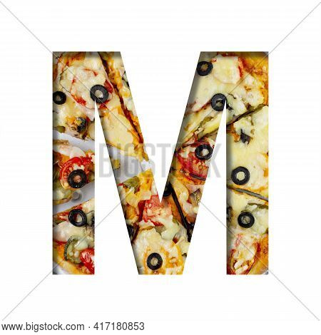Font On Pizza Texture. Letter M, Cut Out Of Paper On A Background Of Real Mediterranean Pizza. Volum