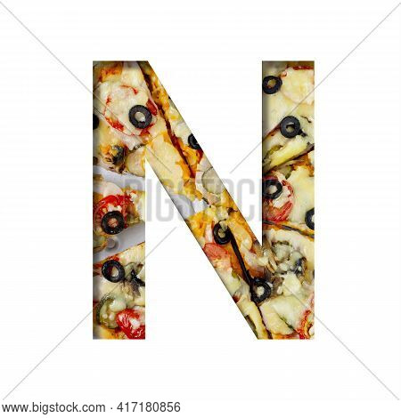 Font On Pizza Texture. Letter N, Cut Out Of Paper On A Background Of Real Mediterranean Pizza. Volum