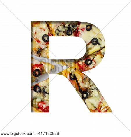 Font On Pizza Texture. Letter R, Cut Out Of Paper On A Background Of Real Mediterranean Pizza. Volum
