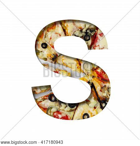 Font On Pizza Texture. Letter S, Cut Out Of Paper On A Background Of Real Mediterranean Pizza. Volum