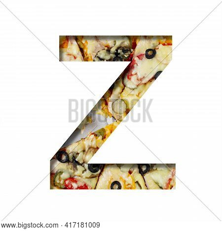 Font On Pizza Texture. Letter Z, Cut Out Of Paper On A Background Of Real Mediterranean Pizza. Volum