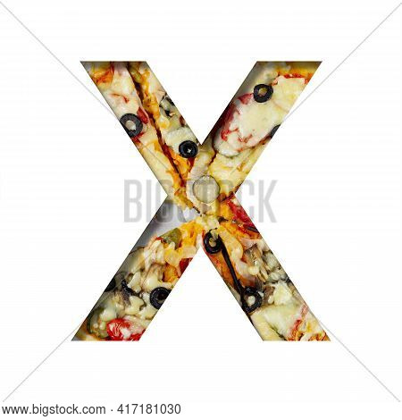 Font On Pizza Texture. Letter X, Cut Out Of Paper On A Background Of Real Mediterranean Pizza. Volum