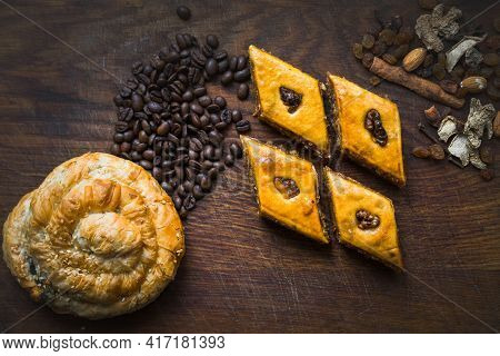Delicious Traditional Turkish Food Baklava With Honey And Nuts. Oriental Sweets With Pistachio. Turk