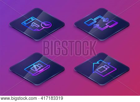 Set Isometric Line Time Management, Video Camera Off On Laptop, Online Working And Home. Blue Square