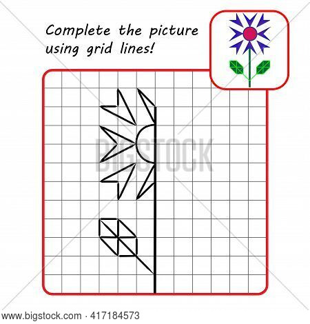 Educational Game For Kids. Simple Exercise. Flower Drawing Using Grid. Vector Illustration.
