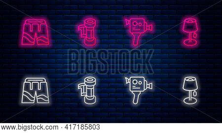 Set Line Camera Roll Cartridge, Retro Cinema Camera, Short Or Pants And Floor Lamp. Glowing Neon Ico
