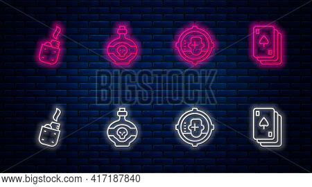 Set Line Poison In Bottle, Headshot, Lighter And Playing Cards. Glowing Neon Icon On Brick Wall. Vec