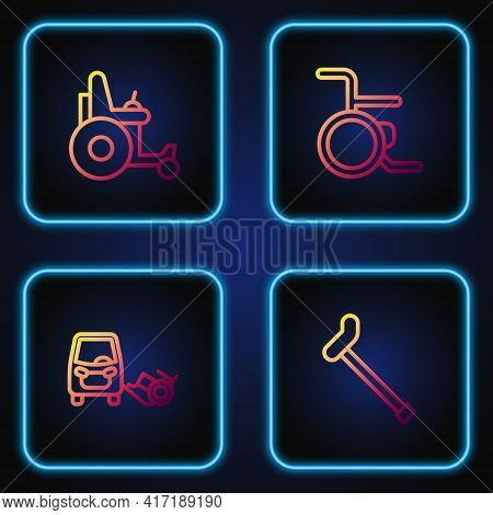 Set Line Walking Stick Cane, Disabled Car, Electric Wheelchair And Wheelchair. Gradient Color Icons.