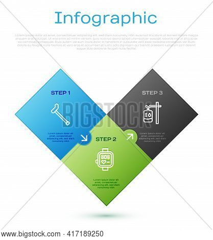 Set Line Walking Stick Cane, Iv Bag And Smart Watch. Business Infographic Template. Vector