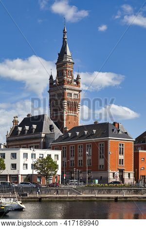 Dunkerque, France - June 22 2020: The Port Du Bassin Du Commerce With The Belfry Of The Dunkirk City