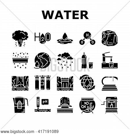 Water Purification Collection Icons Set Vector. Filter And Purifying Equipment, Bottle And Cup, Ocea