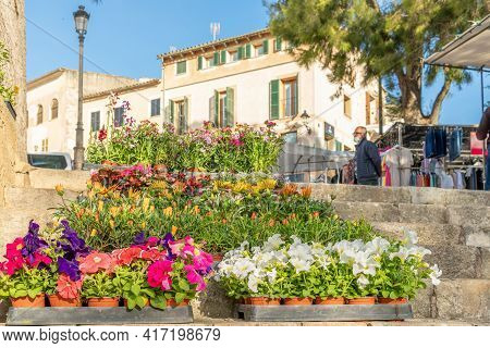Sineu, Spain; April 14 2021: Weekly Street Market In The Majorcan Town Of Sineu In Times Of The De-e