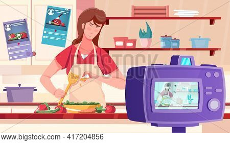 Blogger Video Flat Background With Woman Filming Cooking Show At Kitchen Interior Vector Illustratio
