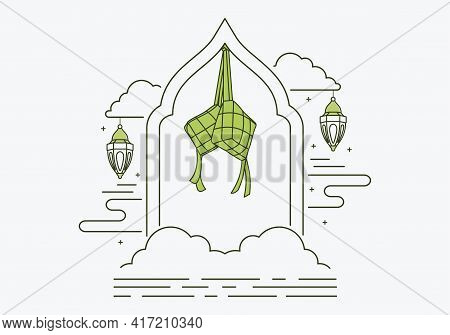 Eid Celebration Line Design On White Background, Thin Line Ketupat Icon Outlines Ketupat Symbol For 