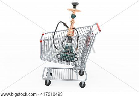Shopping Cart With Hookah, Vaping Shisha. 3d Rendering Isolated On White Background