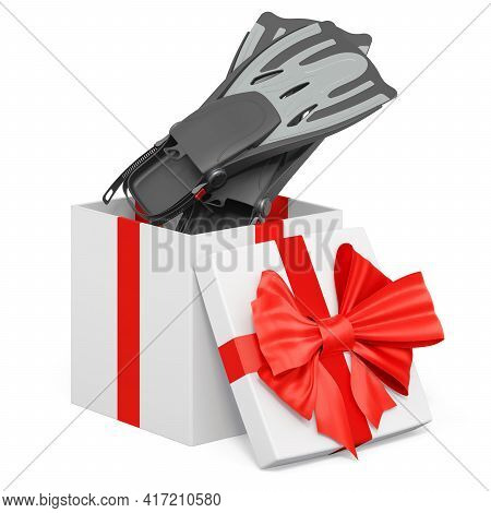 Flippers, Swimfins Inside Gift Box, Present Concept. 3d Rendering Isolated On White Background