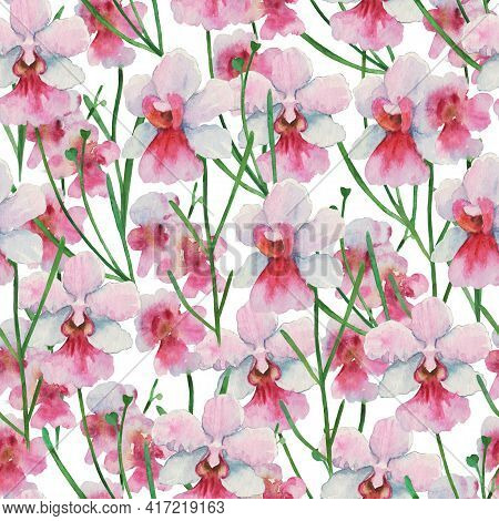 Seamless Pattern With Orchid Vanda Miss Joaquim, National Singapore Flower. Watercolor Painting.