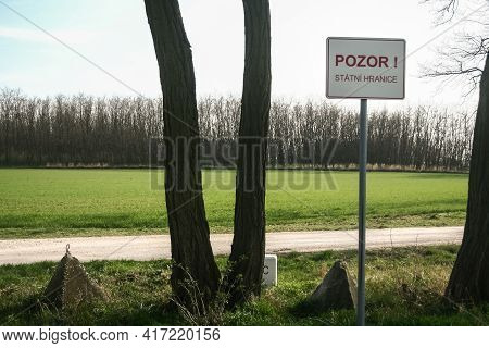 Roadsign Indicating Pozor Statni Hranice, Meaning In Czech Attention State Border At Border With Aus