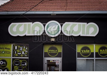Obrenovac, Serbia - April 4, 2021: Winwin Logo In Front Of Their Shop For Belgrade. Win Win Srbija I
